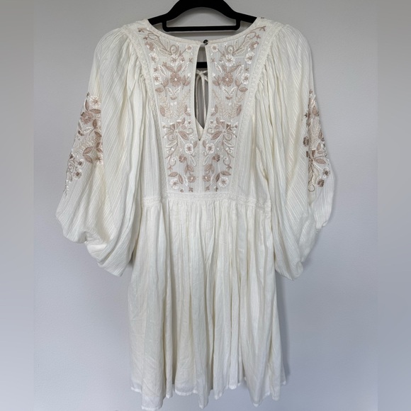Anthropologie Cream and Brown Embroidered Bohemian balloon sleeve dress XS - Picture 15 of 17